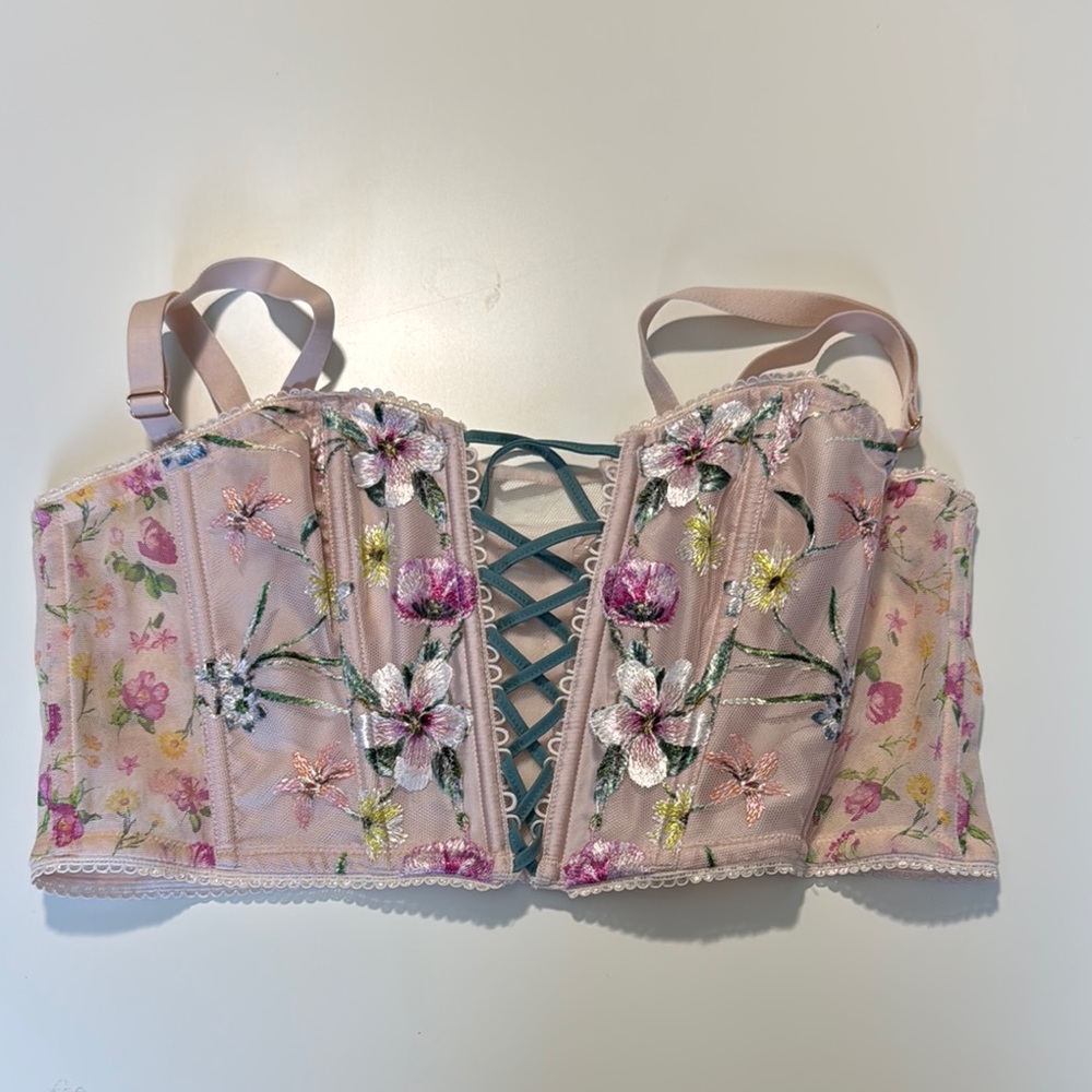 NWT - Large Floral Embroidered Lace-Up Bralette